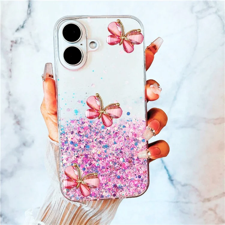 Für iPhone 16 Plus Case 3D Schmetterling TPU Noctilucent Bling Handyhülle - Leuchtend Pink