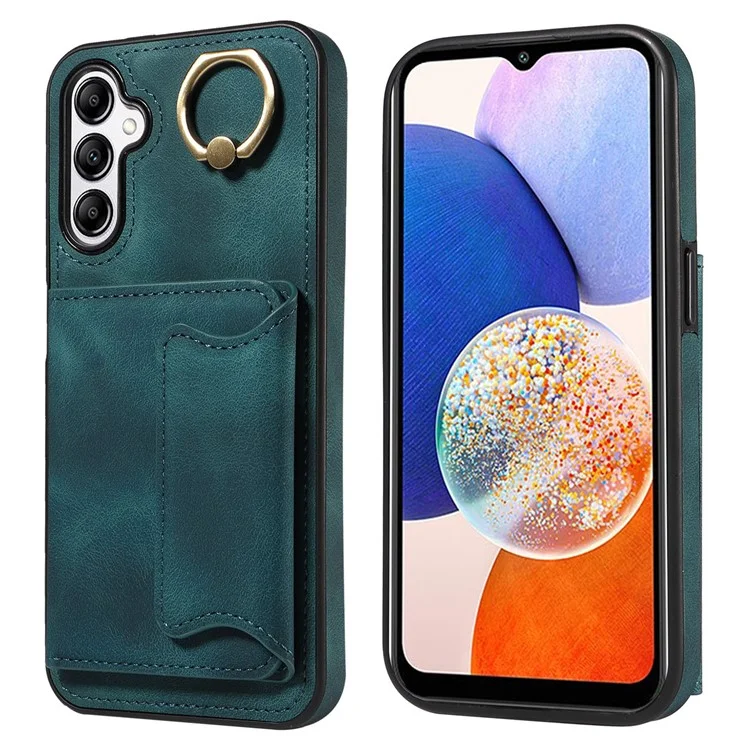 001 For Samsung Galaxy A14 4G / 5G Case Ring Holder Card Slots Anit-Fall Leather Back Cover - Green
