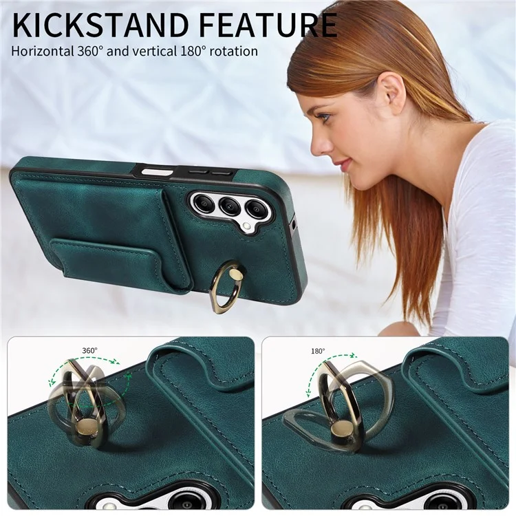001 For Samsung Galaxy A14 4G / 5G Case Ring Holder Card Slots Anit-Fall Leather Back Cover - Green
