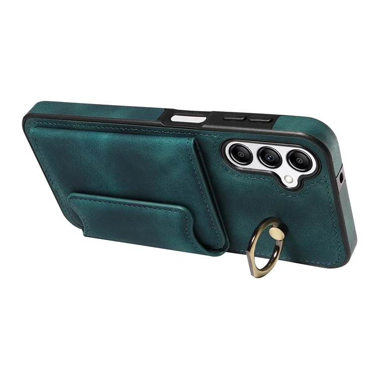 001 For Samsung Galaxy A14 4G / 5G Case Ring Holder Card Slots Anit-Fall Leather Back Cover - Green