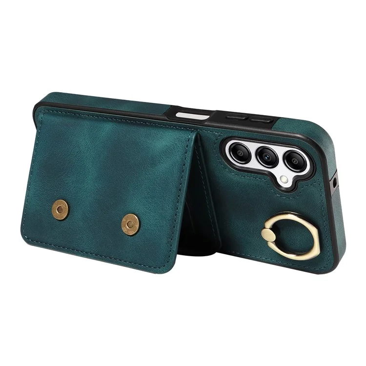 001 For Samsung Galaxy A14 4G / 5G Case Ring Holder Card Slots Anit-Fall Leather Back Cover - Green