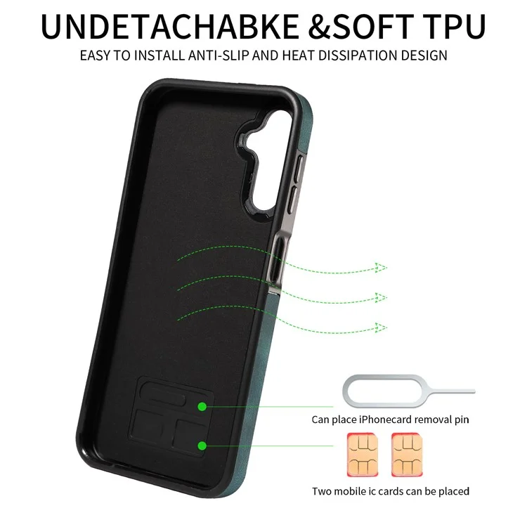 001 For Samsung Galaxy A14 4G / 5G Case Ring Holder Card Slots Anit-Fall Leather Back Cover - Green