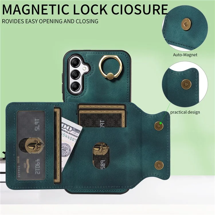 001 For Samsung Galaxy A14 4G / 5G Case Ring Holder Card Slots Anit-Fall Leather Back Cover - Green