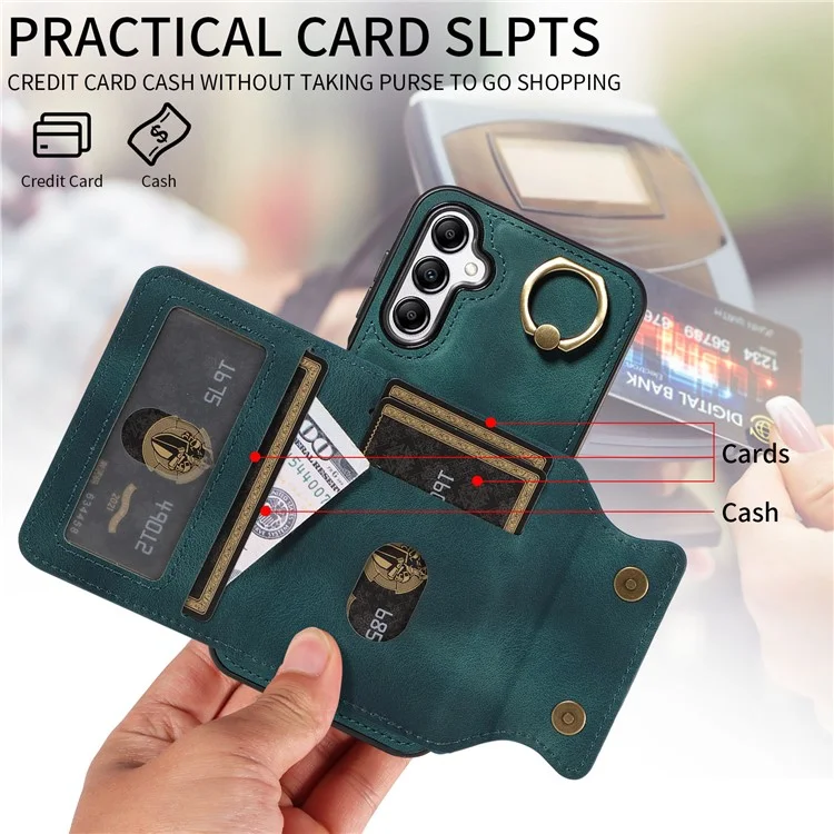 001 For Samsung Galaxy A14 4G / 5G Case Ring Holder Card Slots Anit-Fall Leather Back Cover - Green