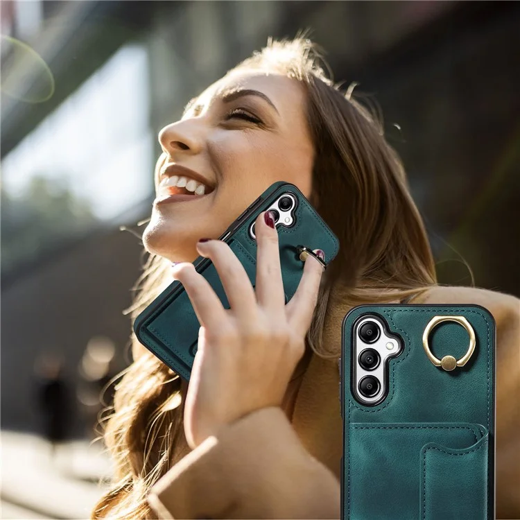 001 For Samsung Galaxy A14 4G / 5G Case Ring Holder Card Slots Anit-Fall Leather Back Cover - Green
