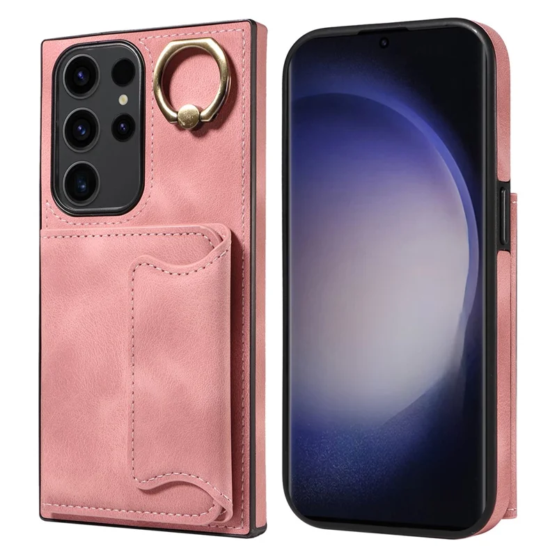 001 For Samsung Galaxy S23 Ultra Case Card Slots PU Leather Back Cover Finger Ring Holder - Pink
