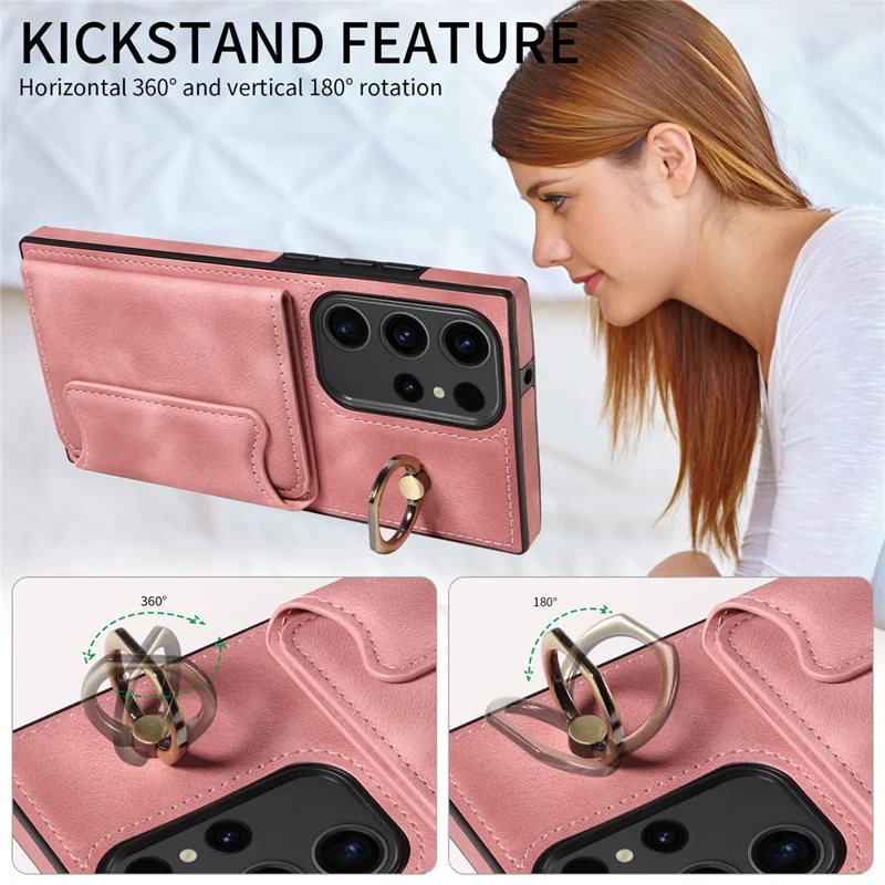 001 For Samsung Galaxy S23 Ultra Case Card Slots PU Leather Back Cover Finger Ring Holder - Pink