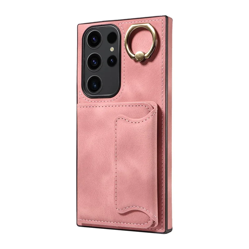 001 For Samsung Galaxy S23 Ultra Case Card Slots PU Leather Back Cover Finger Ring Holder - Pink