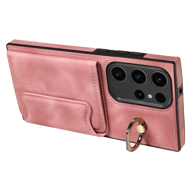 001 For Samsung Galaxy S23 Ultra Case Card Slots PU Leather Back Cover Finger Ring Holder - Pink