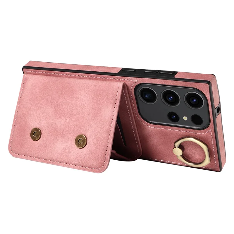 001 For Samsung Galaxy S23 Ultra Case Card Slots PU Leather Back Cover Finger Ring Holder - Pink