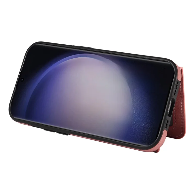 001 For Samsung Galaxy S23 Ultra Case Card Slots PU Leather Back Cover Finger Ring Holder - Pink