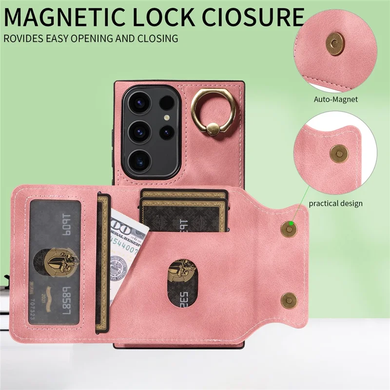 001 For Samsung Galaxy S23 Ultra Case Card Slots PU Leather Back Cover Finger Ring Holder - Pink