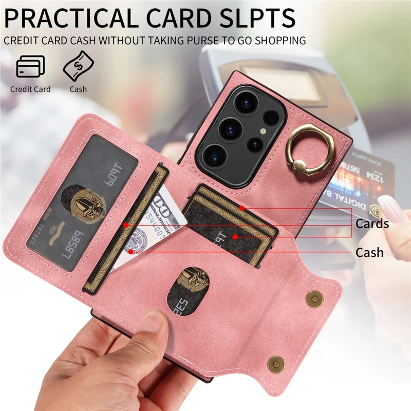 001 For Samsung Galaxy S23 Ultra Case Card Slots PU Leather Back Cover Finger Ring Holder - Pink