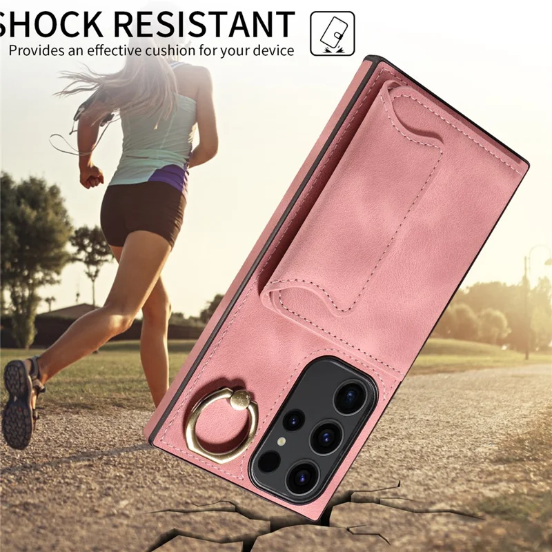 001 For Samsung Galaxy S23 Ultra Case Card Slots PU Leather Back Cover Finger Ring Holder - Pink