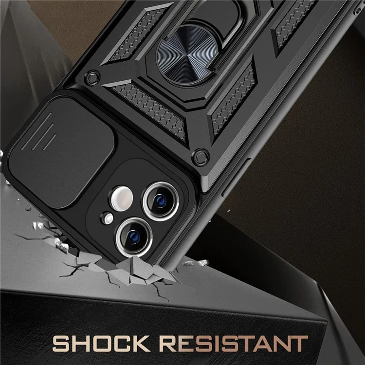 For iPhone 11 Case with Slide Camera Lid PC+TPU Kickstand Phone Cover - Black
