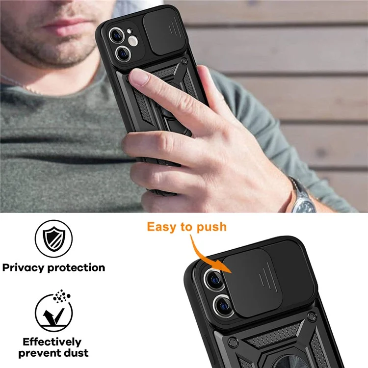 For iPhone 11 Case with Slide Camera Lid PC+TPU Kickstand Phone Cover - Black