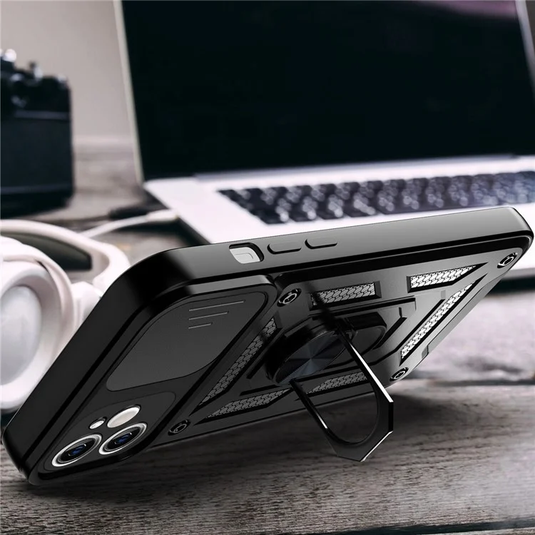 For iPhone 11 Case with Slide Camera Lid PC+TPU Kickstand Phone Cover - Black