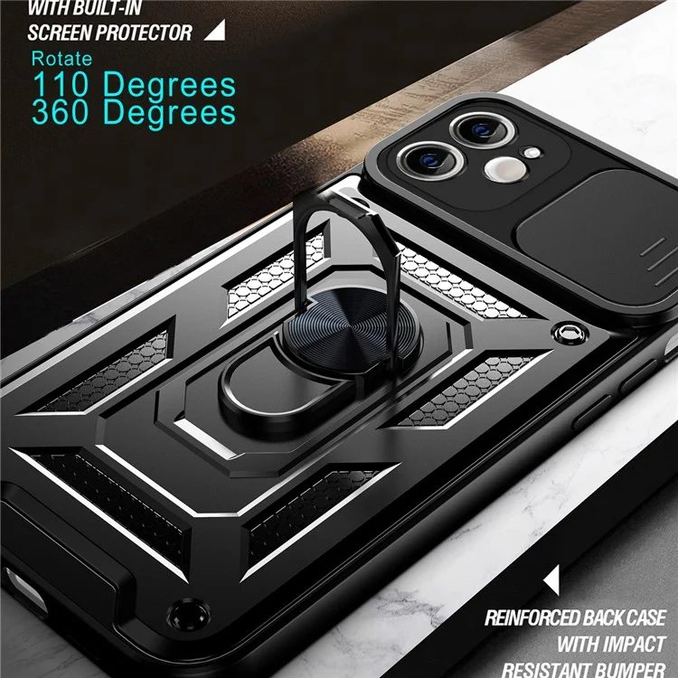 For iPhone 11 Case with Slide Camera Lid PC+TPU Kickstand Phone Cover - Black