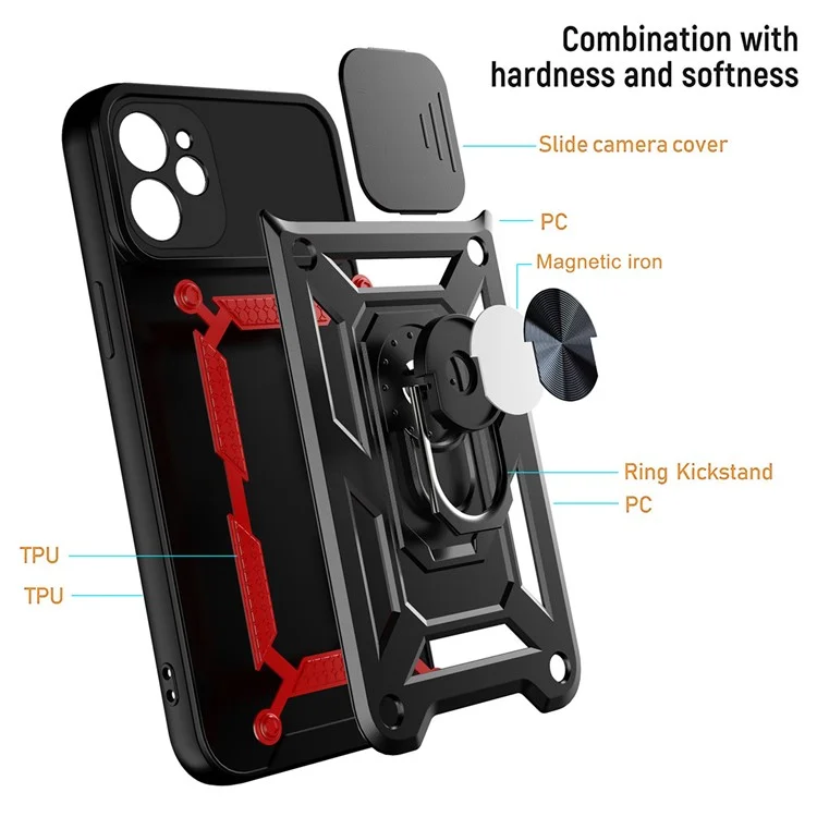 For iPhone 11 Case with Slide Camera Lid PC+TPU Kickstand Phone Cover - Black