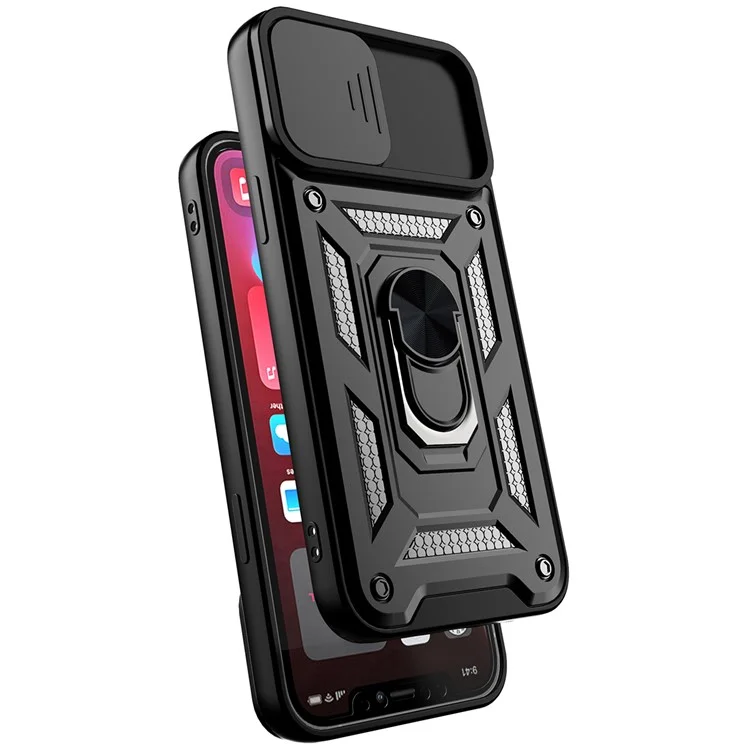 For iPhone 11 Case with Slide Camera Lid PC+TPU Kickstand Phone Cover - Black