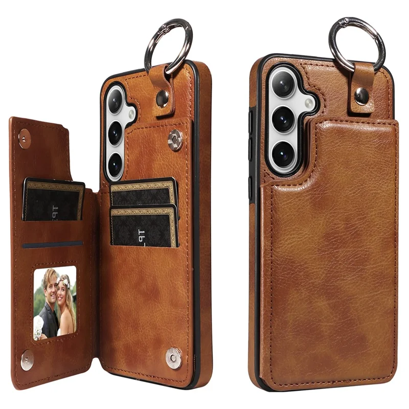 003 For Samsung Galaxy S25+ / S24+ Case Multiple Card Slots Leather Phone Cover Finger Grip Ring - Brown