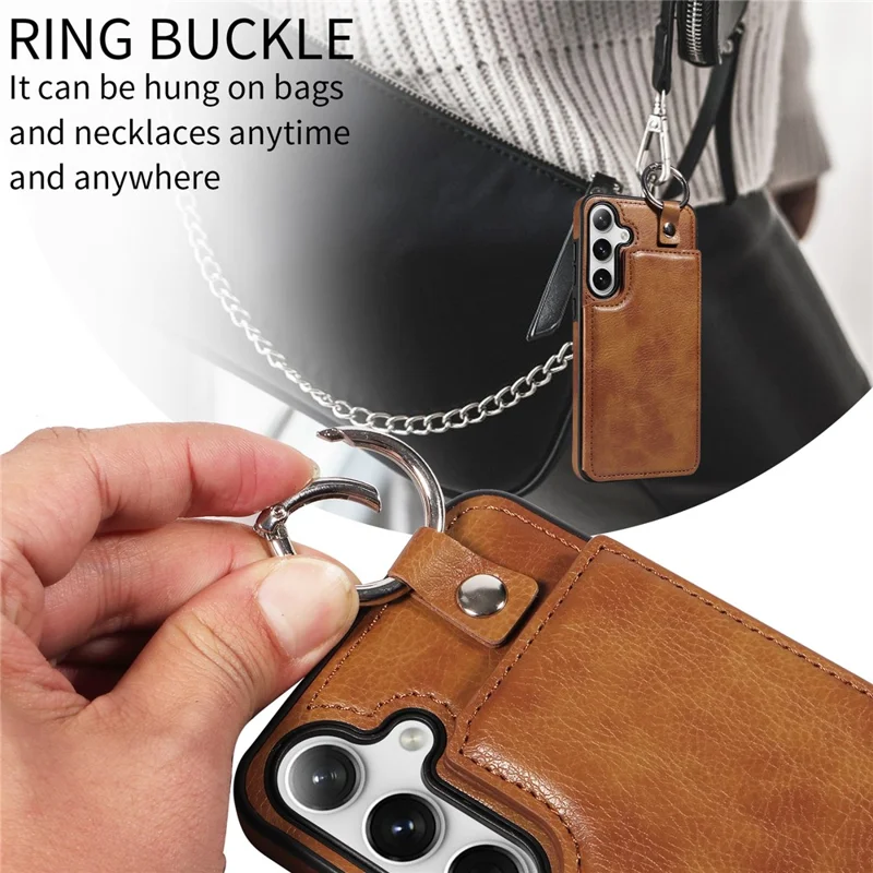 003 For Samsung Galaxy S25+ / S24+ Case Multiple Card Slots Leather Phone Cover Finger Grip Ring - Brown