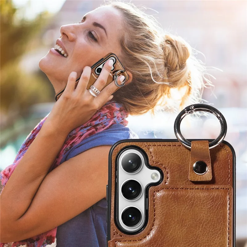 003 For Samsung Galaxy S25+ / S24+ Case Multiple Card Slots Leather Phone Cover Finger Grip Ring - Brown