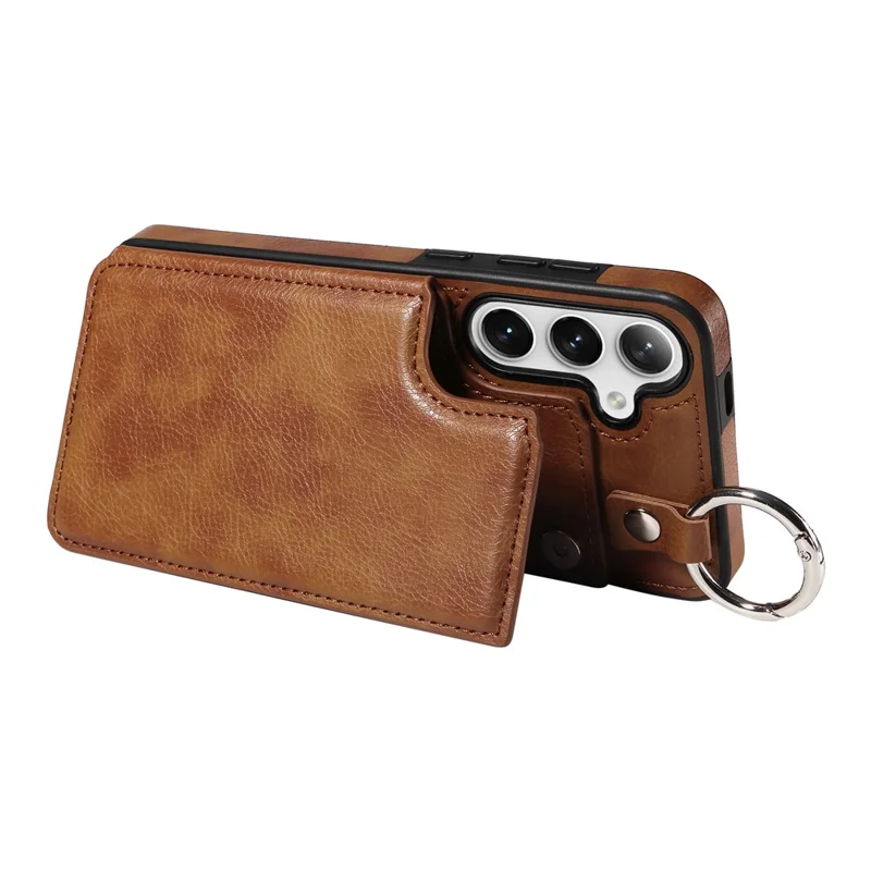 003 For Samsung Galaxy S25+ / S24+ Case Multiple Card Slots Leather Phone Cover Finger Grip Ring - Brown