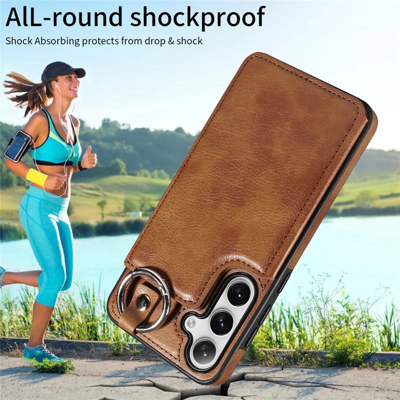003 For Samsung Galaxy S25+ / S24+ Case Multiple Card Slots Leather Phone Cover Finger Grip Ring - Brown