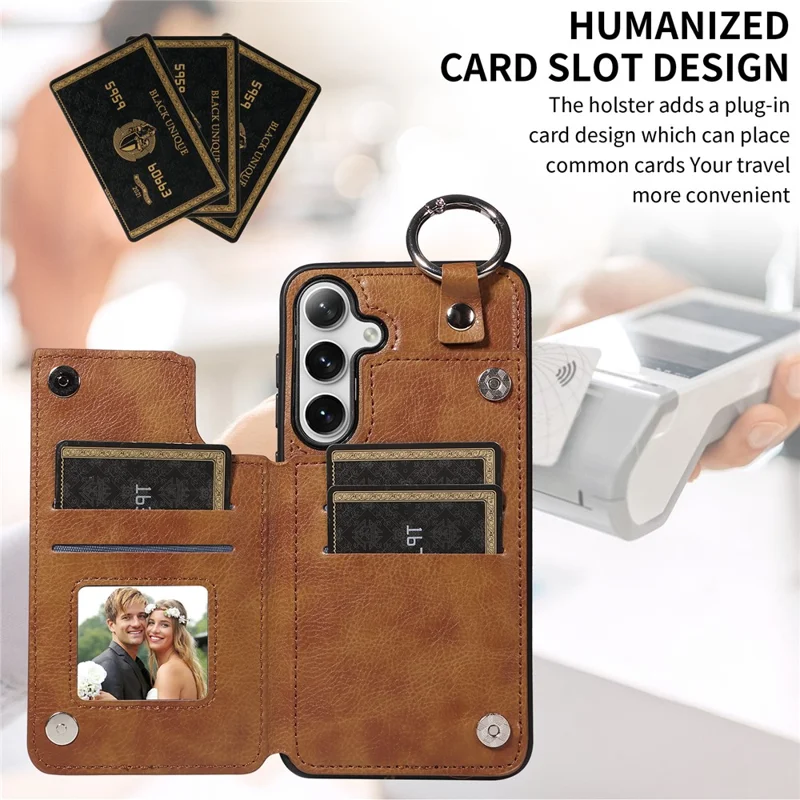 003 For Samsung Galaxy S25+ / S24+ Case Multiple Card Slots Leather Phone Cover Finger Grip Ring - Brown