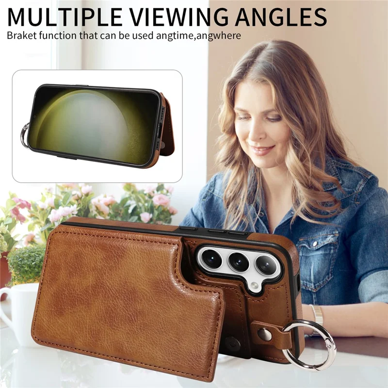 003 For Samsung Galaxy S25+ / S24+ Case Multiple Card Slots Leather Phone Cover Finger Grip Ring - Brown