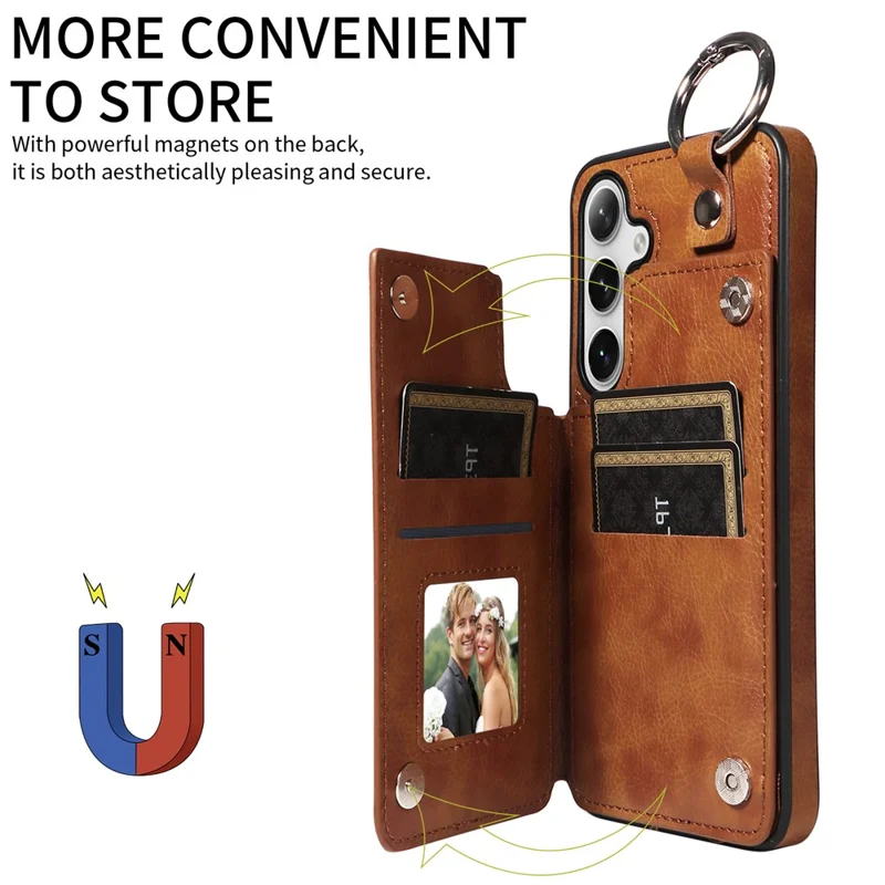 003 For Samsung Galaxy S25+ / S24+ Case Multiple Card Slots Leather Phone Cover Finger Grip Ring - Brown
