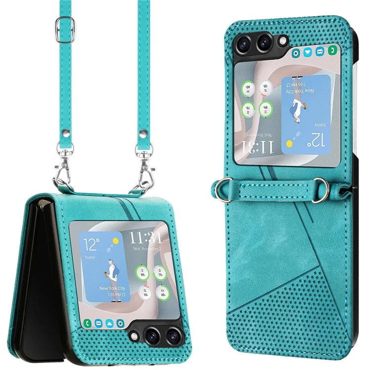 Pour Samsung Galaxy Z Flip5 5G Étui Bandoulière en Cuir PU à Motifs Triangulaires Mince Housse de Téléphone - Vert