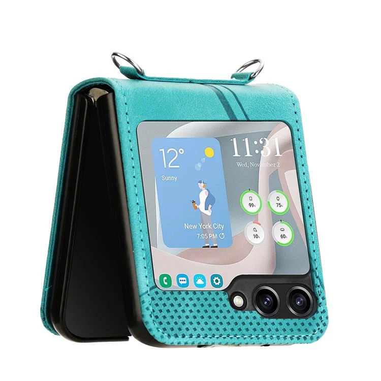 Pour Samsung Galaxy Z Flip5 5G Étui Bandoulière en Cuir PU à Motifs Triangulaires Mince Housse de Téléphone - Vert