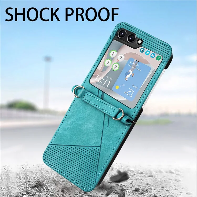 Pour Samsung Galaxy Z Flip5 5G Étui Bandoulière en Cuir PU à Motifs Triangulaires Mince Housse de Téléphone - Vert