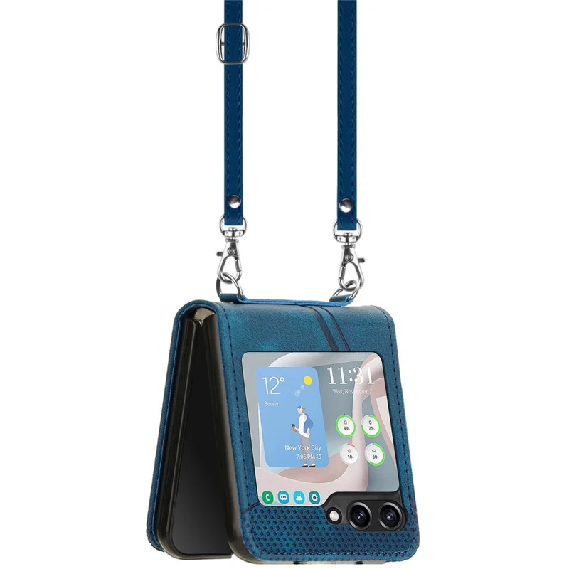 For Samsung Galaxy Z Flip5 5G Crossbody Case PU Leather Triangle Patterns Slim Phone Cover - Sapphire