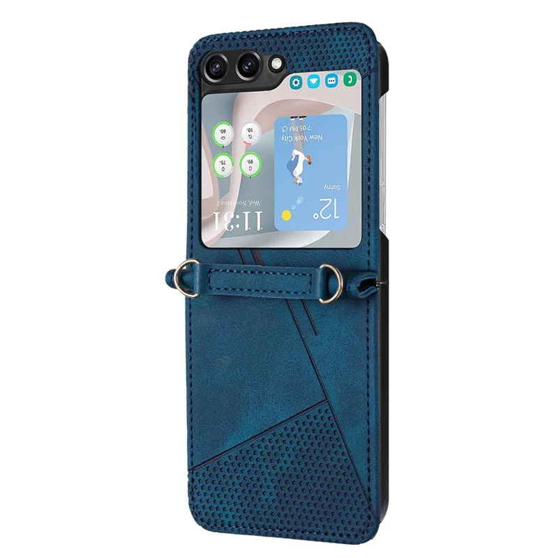 For Samsung Galaxy Z Flip5 5G Crossbody Case PU Leather Triangle Patterns Slim Phone Cover - Sapphire