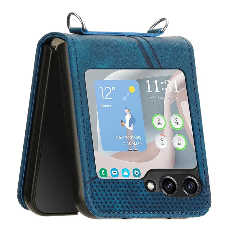 For Samsung Galaxy Z Flip5 5G Crossbody Case PU Leather Triangle Patterns Slim Phone Cover - Sapphire