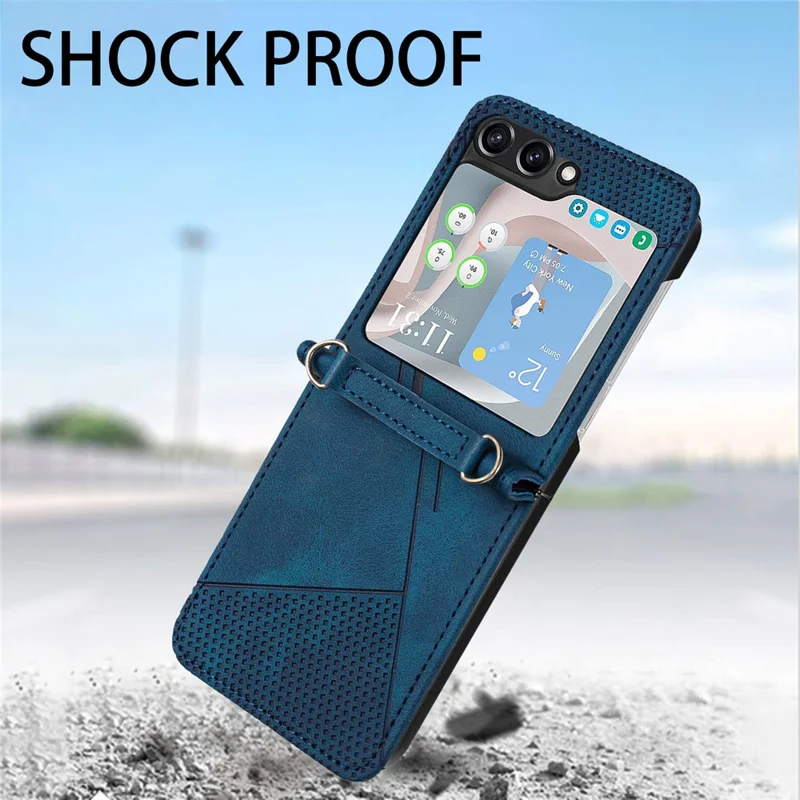 For Samsung Galaxy Z Flip5 5G Crossbody Case PU Leather Triangle Patterns Slim Phone Cover - Sapphire