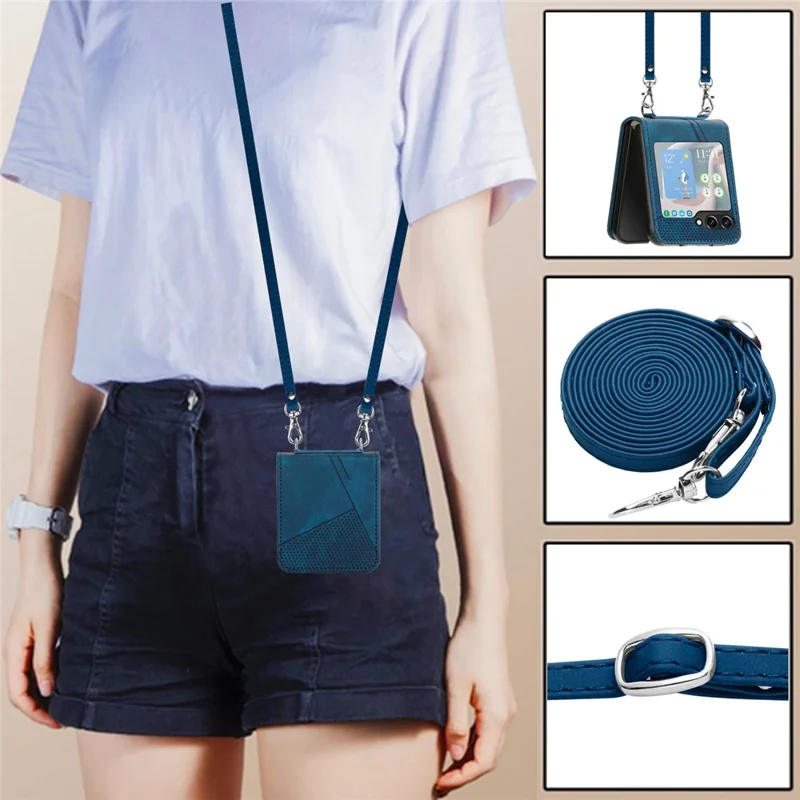 For Samsung Galaxy Z Flip5 5G Crossbody Case PU Leather Triangle Patterns Slim Phone Cover - Sapphire