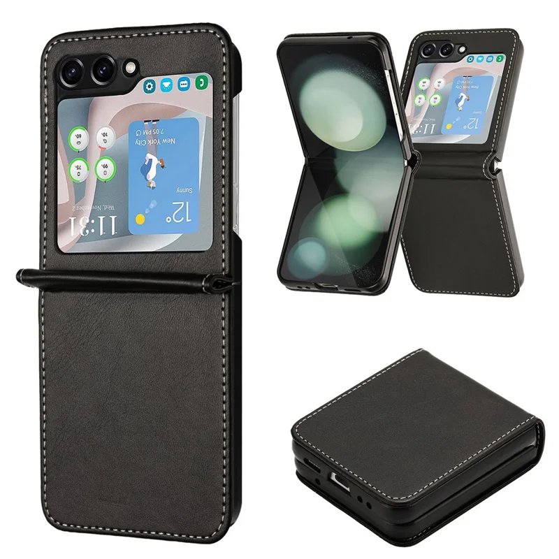 Per Samsung Galaxy Z Flip5 5G Cover Custodia in Pelle PU Texture Vitello Antiurto - Nero