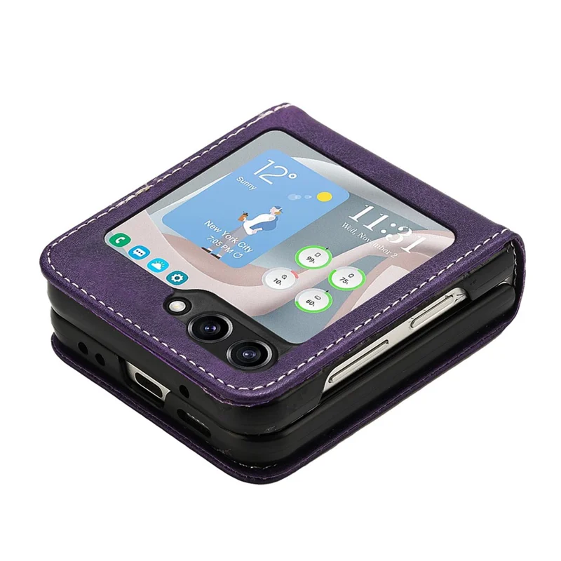 For Samsung Galaxy Z Flip5 5G Case Calf Texture PU Leather Shockproof Phone Cover - Purple