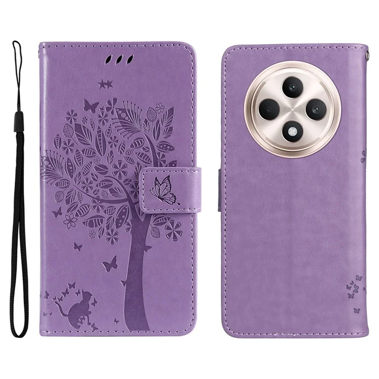 Série de fleurs d'impression KT pour Oppo Reno12 F 4G Coque Motif Chat Arbre Flip Cuir Housse de Téléphone - Violet Clair
