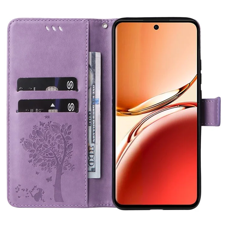 Série de fleurs d'impression KT pour Oppo Reno12 F 4G Coque Motif Chat Arbre Flip Cuir Housse de Téléphone - Violet Clair