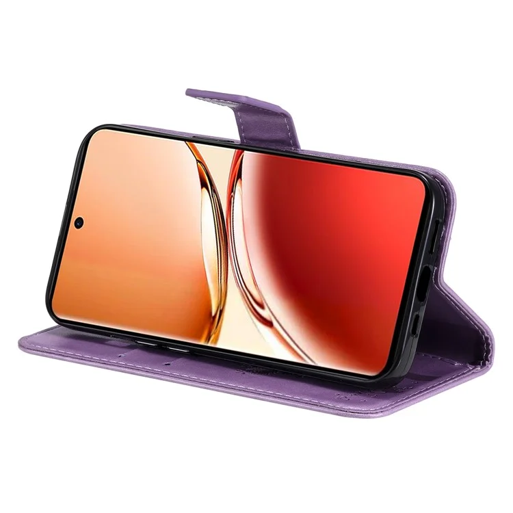 Série de fleurs d'impression KT pour Oppo Reno12 F 4G Coque Motif Chat Arbre Flip Cuir Housse de Téléphone - Violet Clair