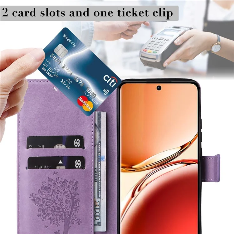 Série de fleurs d'impression KT pour Oppo Reno12 F 4G Coque Motif Chat Arbre Flip Cuir Housse de Téléphone - Violet Clair