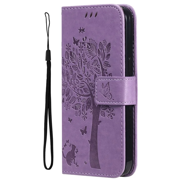 Série de fleurs d'impression KT pour Oppo Reno12 F 4G Coque Motif Chat Arbre Flip Cuir Housse de Téléphone - Violet Clair