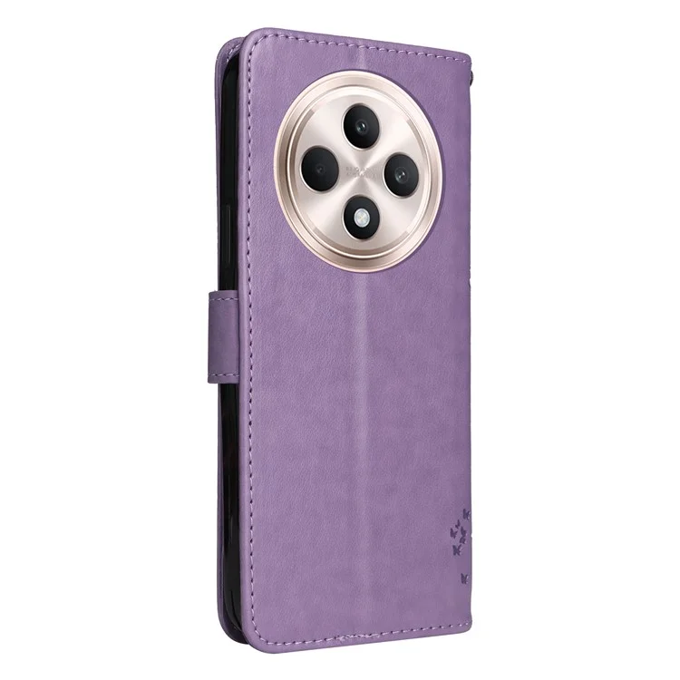 Série de fleurs d'impression KT pour Oppo Reno12 F 4G Coque Motif Chat Arbre Flip Cuir Housse de Téléphone - Violet Clair