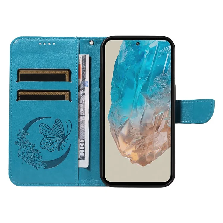 For Samsung Galaxy M35 5G Case Butterfly Design Flip Leather Phone Cover - Blue