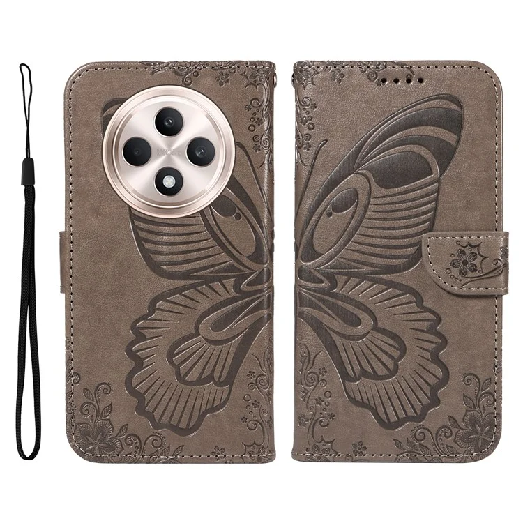 Pour Oppo Reno12 F 4G Étui Fentes pour Cartes Motif Papillon Cuir Housse Téléphone - Gris